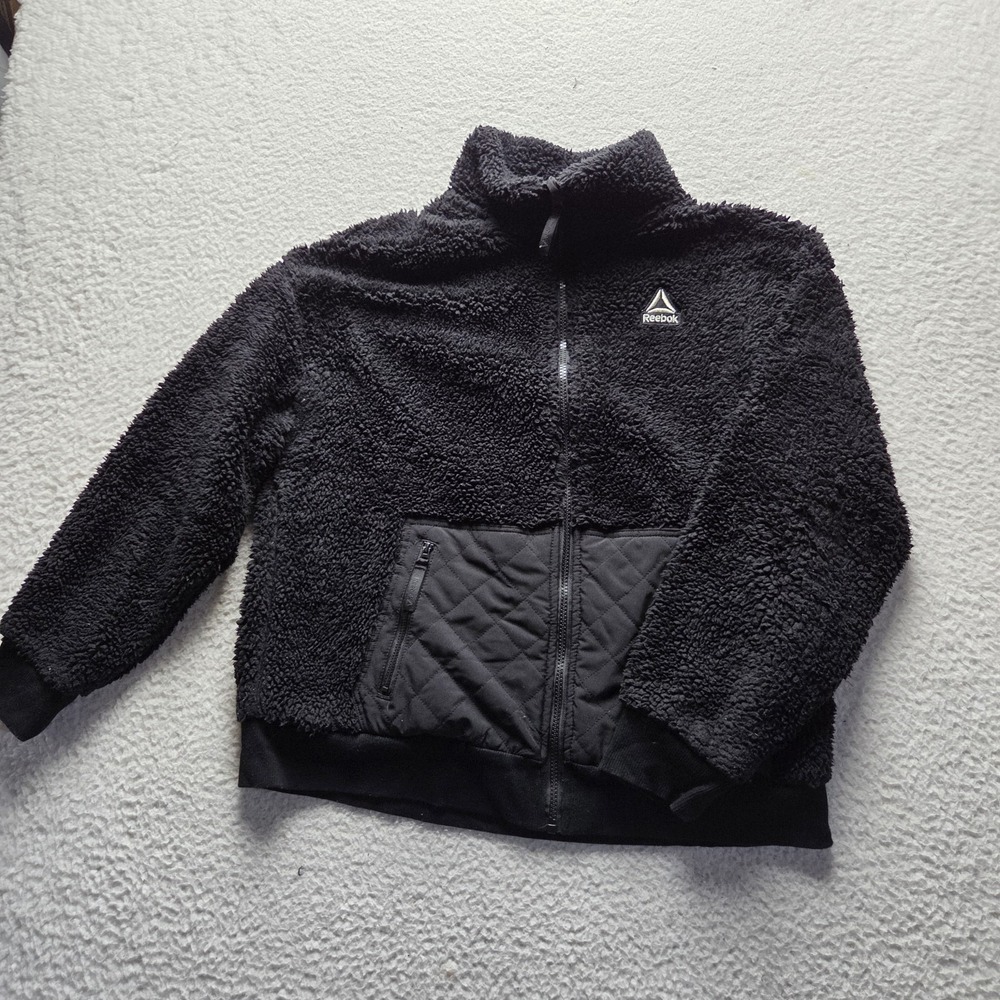 Reebok Jacket Mens Large Black Sherpa Fleece Bomber Full Zip Quilted Pockets